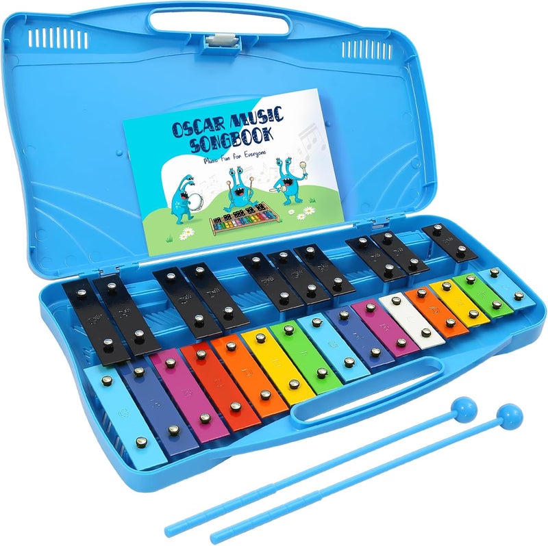 MINIARTIS Glockenspiel Xylophone | 25 Note Colorful Metal Keys Xylophone for Kids | Percussion Musical Instrument | Educational Music Toy Includes Music Songbook, Mallets and Blue Carry Case - Image 1